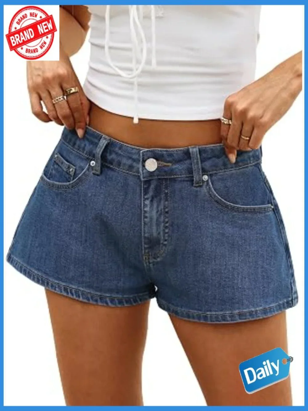 Baggy Low Rise Denim Shorts with Leather Patch High Stretch